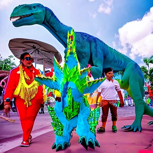 /imagine prompt: what would a dinosaur look like dressed in carnival clothes from barranquilla in a cartoon :: --v 4