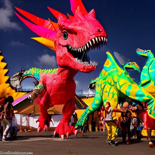 /imagine prompt: what would a dinosaur look like dressed in carnival clothes from barranquilla in a cartoon :: --v 4