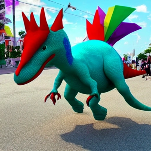 /imagine prompt: what would a dinosaur look like dressed in carnival clothes from barranquilla in a cartoon 3d :: --v 4