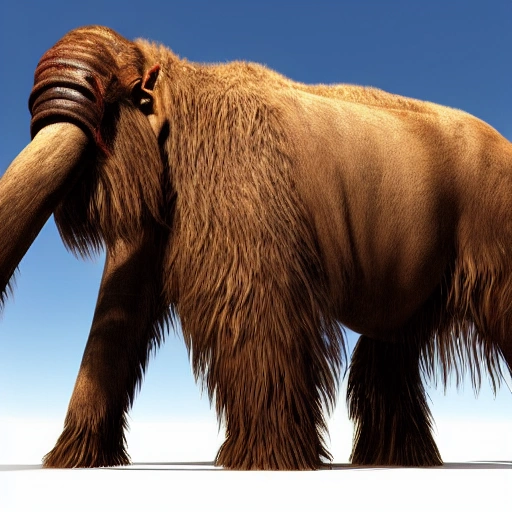 Eye level view side-view extra-wide angle full-body portrait of a Mammoth on a white background hyper realistic 4K model, unreal engine.