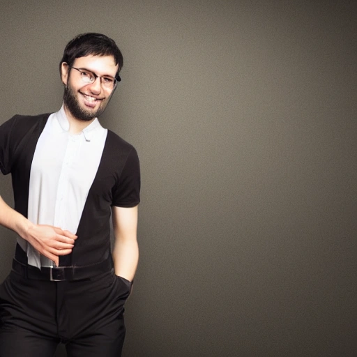 Dark-haired man with the appearance of a handsome robot, programmer, visible body parts