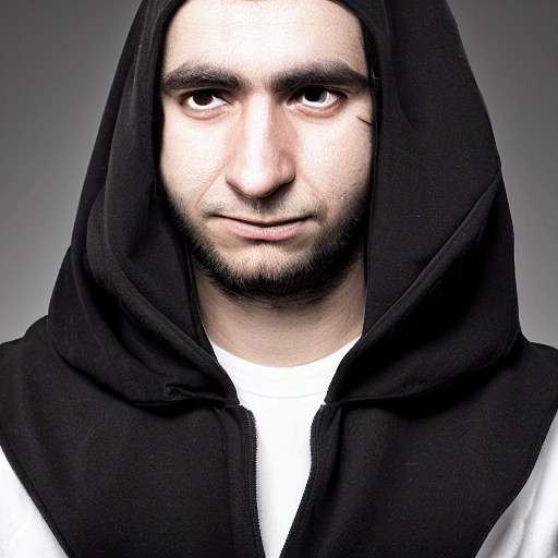 Avatar of a male programmer with a black hood, sad black eyes and white pointed ears. 