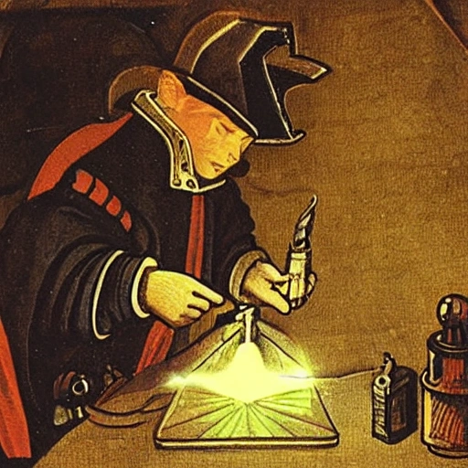 medieval alchemist operating an oscilloscope