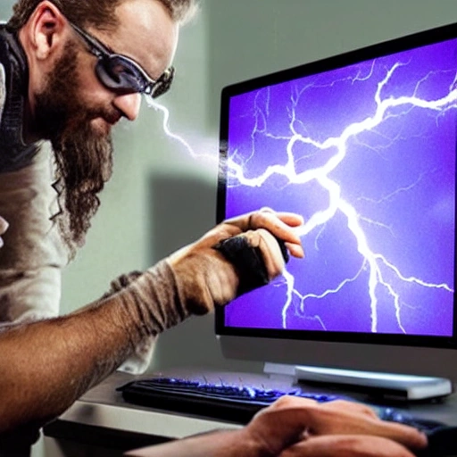 medieval alchemist operating modern computer equipment, during a thunderstorm