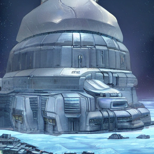 a doomed small futuristic city in the middle of ice planet, with a lot of mountains and frost lakes. A military and scientist colonia. The City is all covered for a gigant dome. Lokks retrofuturistic