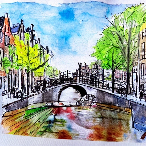 street scene in amsterdam with canals, urban sketch