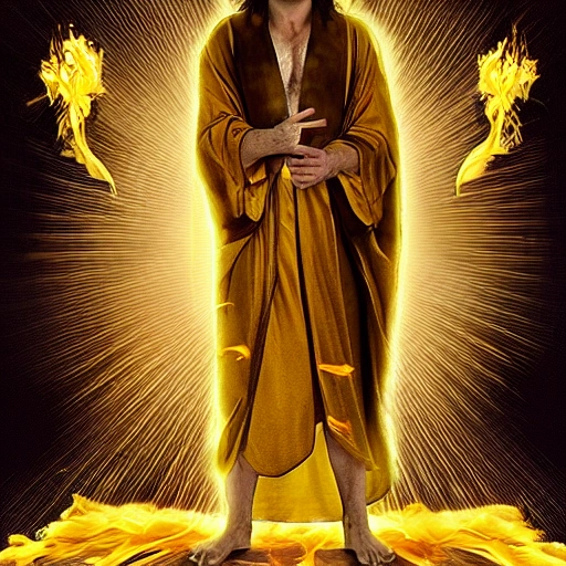 A man, dressed in a robe reaching down to his feet and with a golden sash around his chest. The hair on his head was white, and his eyes were like blazing fire. His feet were like bronze. In his right hand he held seven stars, and coming out of his mouth was a sword. His face was like the sun