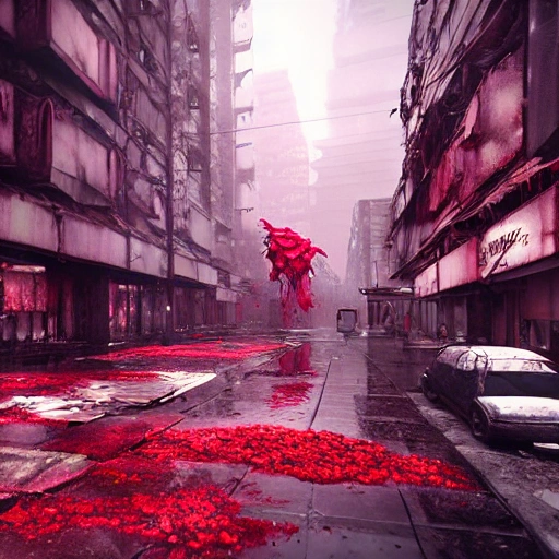 flower full of blood on destroyed buildings, blade runner syle, vray unreal engine, Water Color