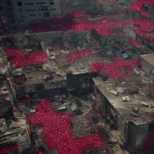 flowers full of blood on destroyed buildings, blade runner syle, vray unreal engine