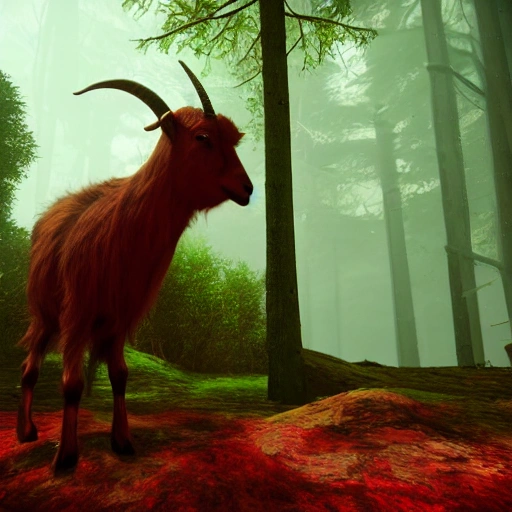 satanic goat in a forest full of blood, vray unreal engine