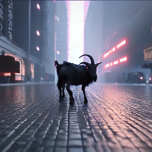 luciferian goat in the city, blade runner style, vray unreal engine