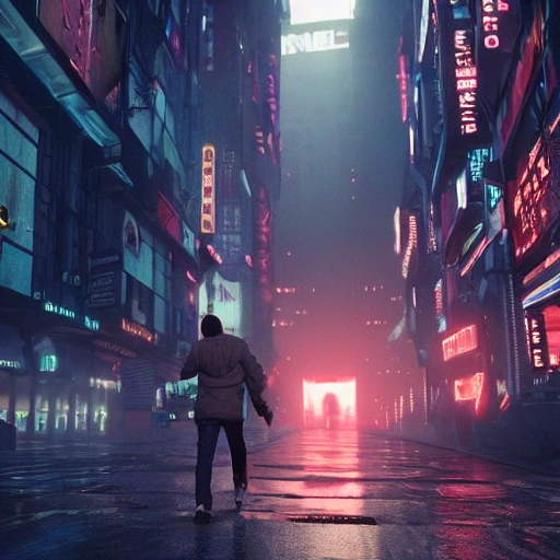 Man walking in the lucifer city, blade runner style, vray unreal engine