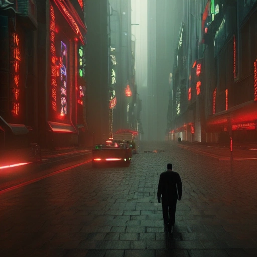 Man walking in the dark lucifer city, blade runner style, vray unreal engine hyperrealistic