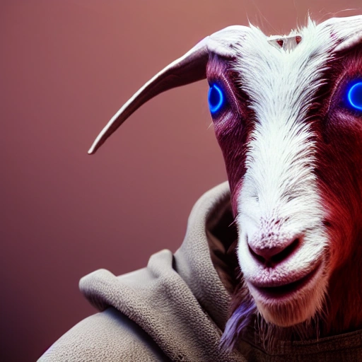 goat with its tongue out and with a hood, blade runner style, vray unreal engine