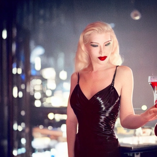 blonde woman red eyes wearing a long flowing black dress, requesting a cocktail at a bar, on new years eve, in a bladerunner dystopian future