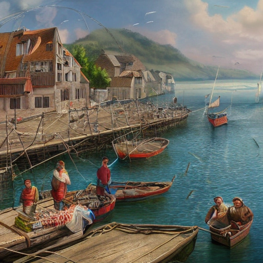 Carolingian Seaside Fishing Village. A bustling harbor filled with traditional wooden fishing boats and net-menders at work during a sunny noon in spring. Matte Painting.