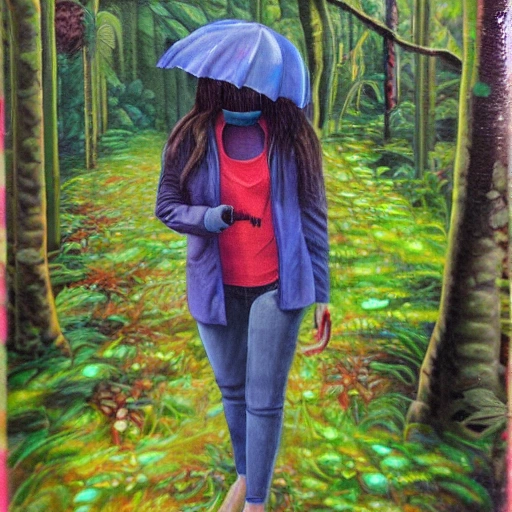 Chica en la selva con poca ropa lloviendo
, 3D, Trippy, Oil Painting