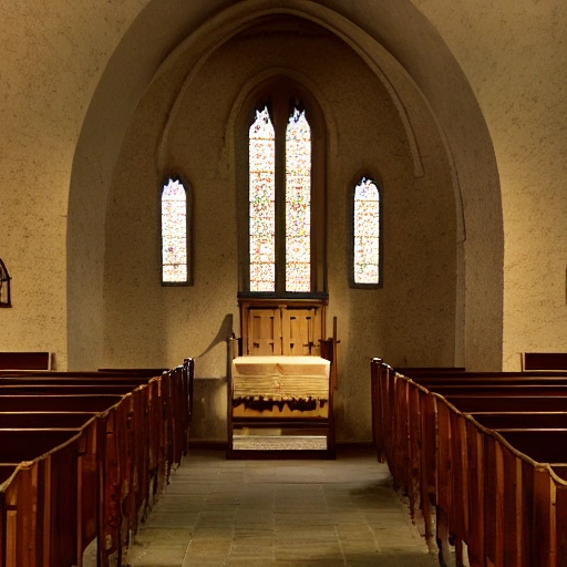 Intimate medieval Chapel, dimly lit by candlelight, with ornate stained glass windows and a small wooden altar at the front. The pews are simple and worn, indicating that the chapel is well-used by the local community. A peaceful quietness pervades the space, broken only by the occasional sound of birds outside.
Matte Painting.