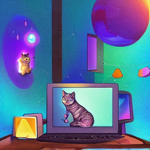 Gatito pequeño disfrazado de Hacker utilizando su computadora en una habitación oscura, colorfull, digital art, 3D