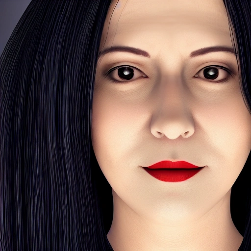 sober medium age woman, beautiful face, long black hair, front view, centered, minimalist portrait, low poly style, 