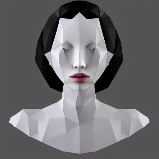 close portrait of a sober medium age woman, beautiful face, long black hair, front view, centered, minimalist style, low poly 3d art, 