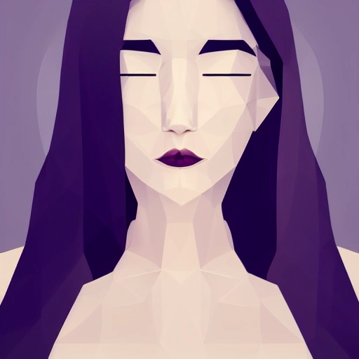 close portrait of a sober medium age woman, beautiful face, long black hair, front view, centered, minimalist style, low poly videogame art, 