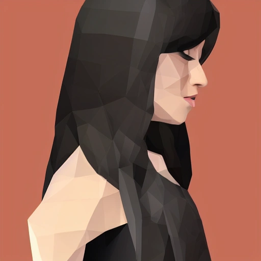 close portrait of a sober medium age woman, beautiful face, long black hair, front view, centered, minimalist style, low poly videogame art, 