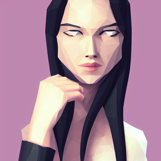 close portrait of a sober medium age woman, beautiful face, long black hair, front view, centered, minimalist style, low poly videogame art, 