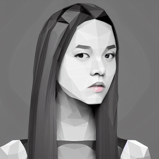 close portrait of a sober medium age woman, beautiful face, long black hair, front view, centered, minimalist style, ultra low poly videogame art, 