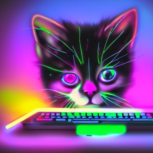 Kitten wearing like a hacker using a computer in a dark room with neon lights. Digital art, tenderness, full color, 3D