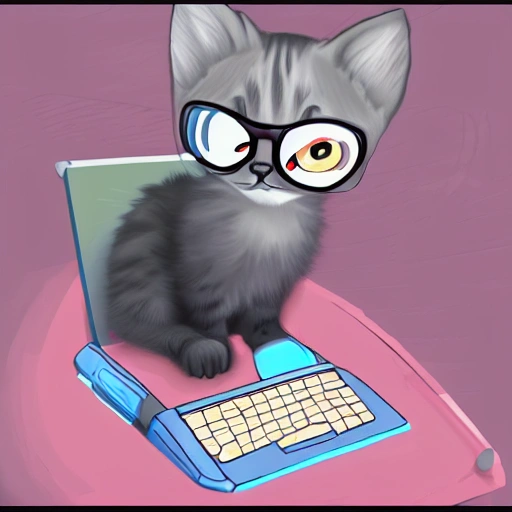 Kitten wearing like a hacker using a computer in a dark room. Digital art, tenderness, full color, 3D