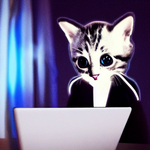 Kitten wearing like a hacker using a desktop computer in a dark room. Digital art, tenderness, full color, 3D