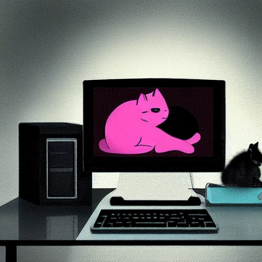 Kitten wearing like a hacker using a desktop computer, in front to the monitor, in a dark room. Digital art, tenderness, full color, 3D