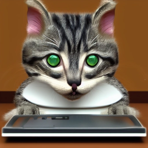 Little cat using a computer, realistic, 3D