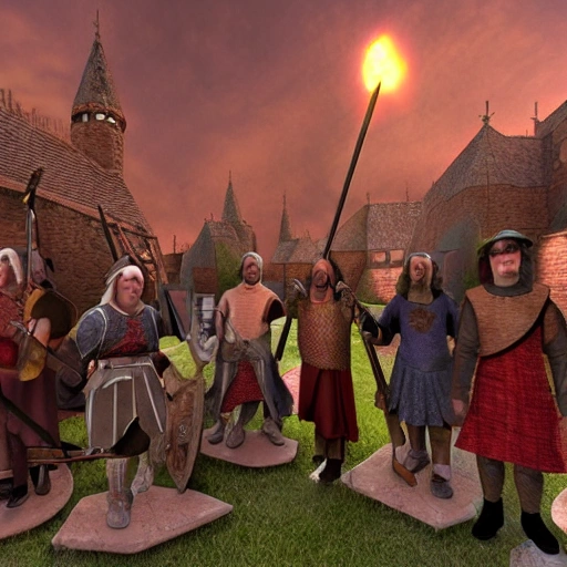 fantasy medieval gang at midnight, 3D