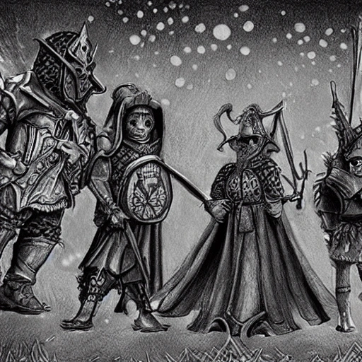 fantasy medieval gang at midnight, 3D, Trippy, Pencil Sketch