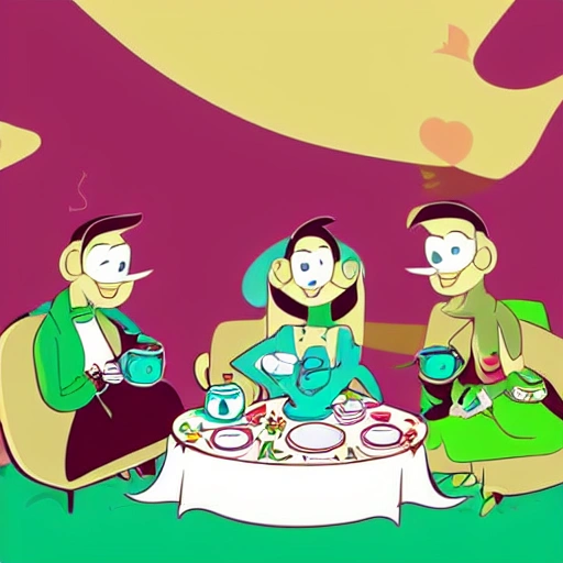 A group of fancy cartoon characters having a tea party, with the tea pot and cups in the shape of cannabis leaves. Art style: Cartoonish, Cartoon, Cartoon