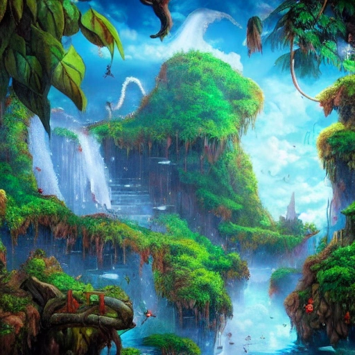 dreaming about a fantasy world with jungle and moutain floating in the sky and watefall falling in the sky, very detailed art world psychédélique deep color, 8k ultra, heaven, paraiso,vida despues de la muerte , Cartoon