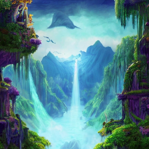 dreaming about a fantasy world with jungle and moutain floating in the sky and watefall falling in the sky, very detailed art world psychédélique deep color, 8k ultra, heaven, paraiso,vida despues de la muerte , Cartoon