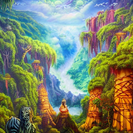 dreaming about a fantasy world with jungle and moutain floating in the sky and watefall falling in the sky, very detailed art world psychédélique deep color, 8k ultra, heaven, paraiso,vida despues de la muerte , , Oil Painting