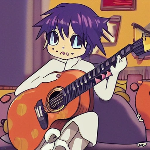 A animé style of a cat playing guitar 