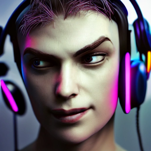 side close up portrait of 1 cyberpunk headset virtual reality, detailed face, spotlight, cyberpunk city, wired, multicolored, vibrant high contrast, hyperrealistic, photografic, 8k, epic ambient light, octane render, Illuminati ,steganography