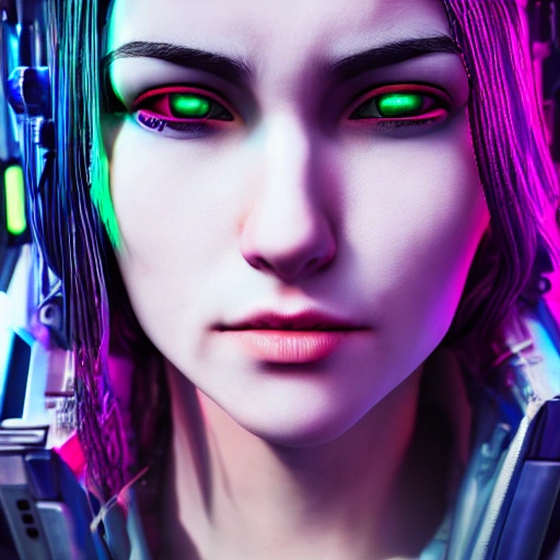 side close up portrait of 1 cyberpunk girl, detailed face, spotlight, cyberpunk city, wired, multicolored, vibrant high contrast, hyperrealistic, photografic, 8k, epic ambient light, octane render, Trippy