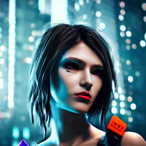 side close up portrait of 1 cyberpunk girl, detailed face, spotlight, cyberpunk city, wired, multicolored, vibrant high contrast, hyperrealistic, photografic, 8k, epic ambient light, octane render, 3D