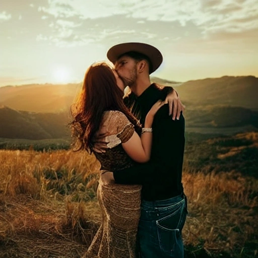 A lovers are kissing, see from the back and can see their sexy dressing, background is landscape, landscape is sunset, bit dark, romanic, sad