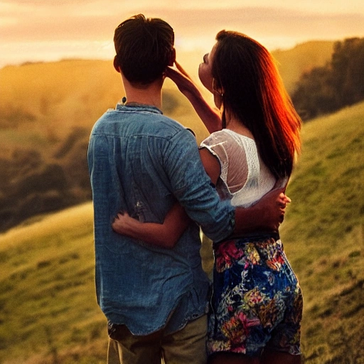 A lovers are kissing, see from the back,  sexy dressing, background is landscape, landscape is sunset, dark tone, romanic, sad