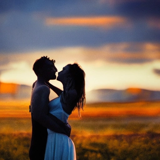 A lovers are kissing, see from the back,  half-nuded dressing, background is landscape, landscape is sunset, dark tone, romanic, sad