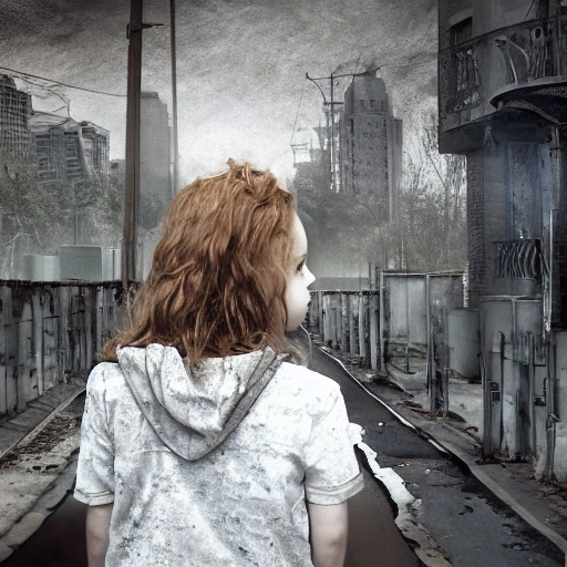 Francesca Capaldi as in "the walking dead". ((Simetric face:1.2)), (beautiful detail), post apocalyptic city, panoramic view, cinematography scene, professional detail, high definition, high resolution, 8k, sepia color ambient, ambient lumen, volumetric lighting, hdr