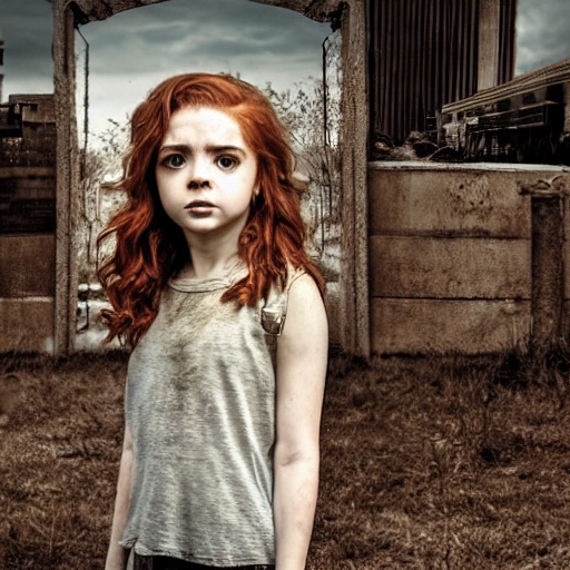 Francesca Capaldi as in "the walking dead". ((Simetric face:1.2)), (beautiful detail), post apocalyptic city, panoramic view, cinematography scene, professional detail, high definition, high resolution, 8k, sepia color ambient, ambient lumen, volumetric lighting, hdr