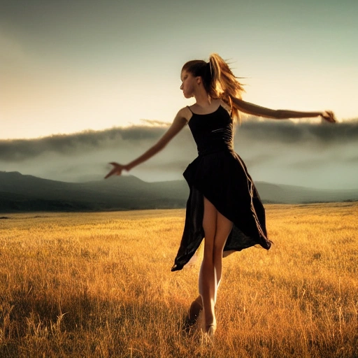 A girl is dancing,  skinny dressing, background is landscape, landscape is sunset, dark tone, romanic, sad